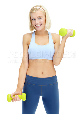 Buy stock photo Portrait, dumbbells and woman with workout, fitness and wellness on white studio background. Smile, athlete person and model with exercise, weightlifting and equipment for muscle training and health