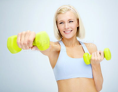 Buy stock photo Fitness, thinking and woman with dumbbell in studio for exercise challenge, training and healthy body. Happy, athlete and person with gym equipment for muscle, workout or strength by white background