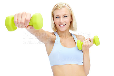 Buy stock photo Workout, portrait and woman with dumbbell in studio for training challenge, exercise and healthy body. Athlete, smile and person with gym equipment for muscle, strength or fitness by white background