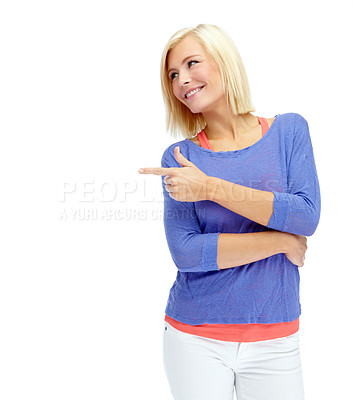 Buy stock photo Pointing, mockup space and woman in studio for advertising, marketing or promotion design. Happy, presentation and female person with show hand gesture for deal, brand or sale by white background.