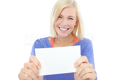 Buy stock photo Studio, portrait and woman with blank sign, smile and deal promotion info for coupon giveaway. Offer, review and happy face of girl poster mockup, empty card space or gift voucher on white background