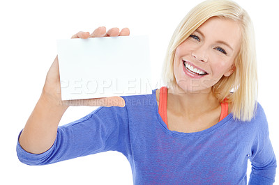 Buy stock photo Studio, portrait and happy woman with blank card, smile or deal promotion info on coupon giveaway. Offer, invitation and girl with flyer mockup space, empty sign or gift voucher on white background