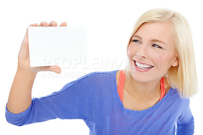 Buy stock photo Studio, smile and woman with blank card, info and deal promotion for coupon giveaway. Offer, invitation and happy face of girl with poster mockup, empty sign space or gift voucher on white background