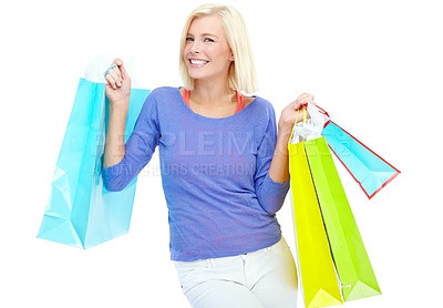 Buy stock photo Studio, confident and portrait of woman with shopping bag for retail discount, fashion and commerce. Customer, happy and person with package for boutique gift, sale and clothes by white background