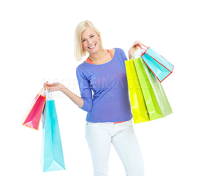 Buy stock photo Studio, confidence and portrait of woman with shopping bag for retail discount, fashion and commerce. Customer, happy and person with package for clothes sale, boutique and gift by white background