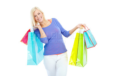 Buy stock photo Studio, gift and portrait of woman with shopping bag for retail discount, fashion and commerce. Customer, happy and female person with smile for boutique clothes, designer or sale by white background