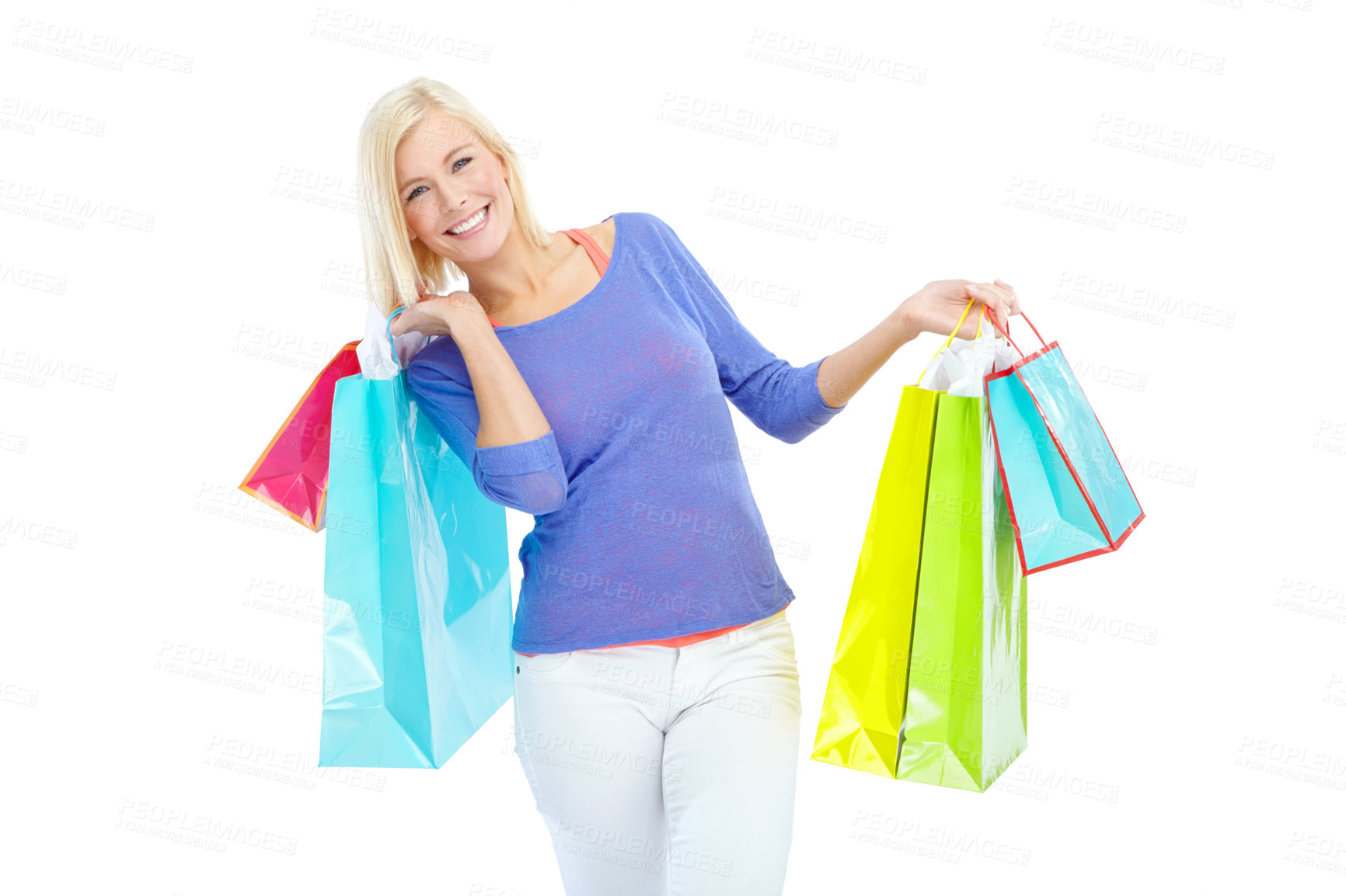 Buy stock photo Studio, gift and portrait of woman with shopping bag for retail discount, fashion and commerce. Customer, happy and female person with smile for boutique clothes, designer or sale by white background