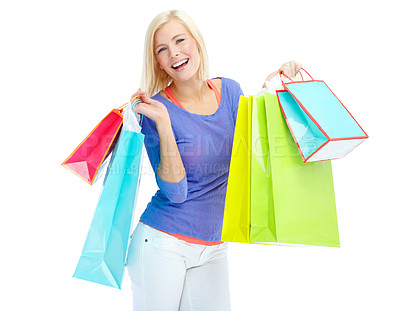 Buy stock photo Studio, excited and portrait of woman with shopping bag for fashion discount, retail or commerce. Happy, customer and female person with package for boutique gift, clothes or sale by white background