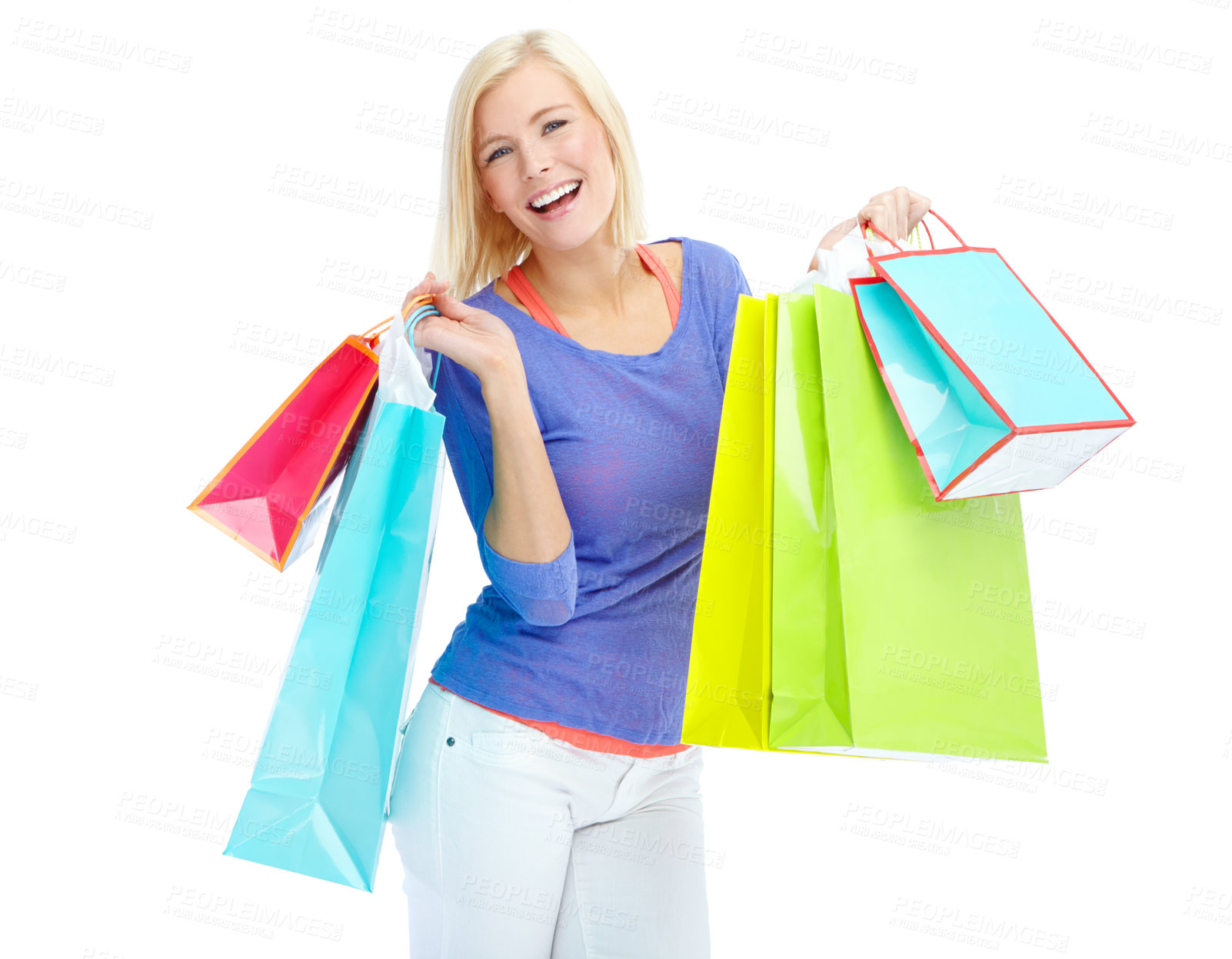 Buy stock photo Studio, excited and portrait of woman with shopping bag for fashion discount, retail or commerce. Happy, customer and female person with package for boutique gift, clothes or sale by white background