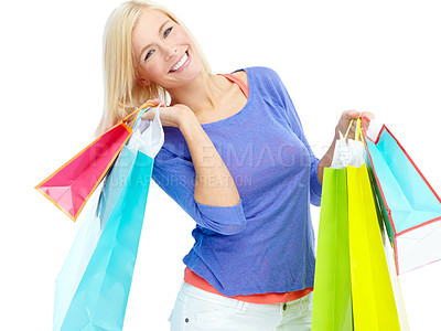 Buy stock photo Fashion, shopping and studio portrait of woman with smile, designer sale or discount offer at store. Giveaway, girl or happy customer with paper bag for retail product at boutique on white background