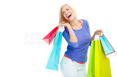 Buy stock photo Studio, space and woman with shopping, fashion sale and discount deal offer at store with smile. Mockup, girl and happy customer with paper bag for retail product at boutique on white background