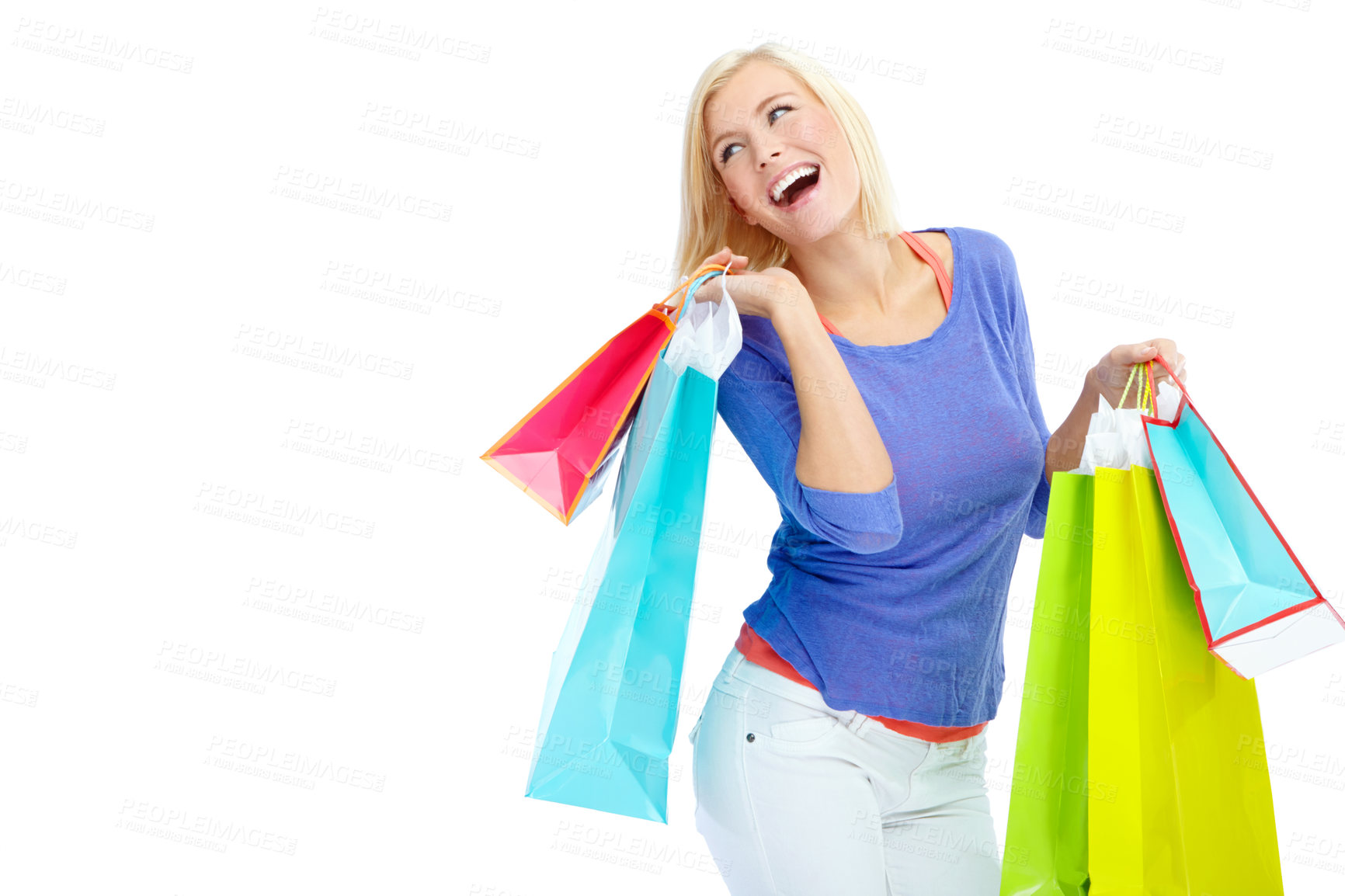 Buy stock photo Studio, space and woman with shopping, fashion sale and discount deal offer at store with smile. Mockup, girl and happy customer with paper bag for retail product at boutique on white background