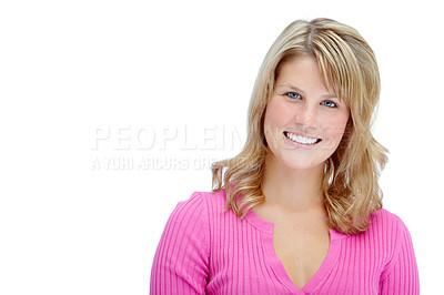 Buy stock photo Mockup, fashion and portrait of woman in studio with casual, colorful and trendy outfit for confidence. Smile, pride and female person from Germany with pink tshirt for style by white background.