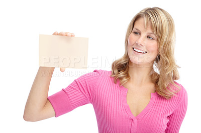 Buy stock photo Happy woman, card and envelope with invitation for advertising or marketing on a white studio background. Young, female person or model with smile, poster or shape for party message, alert or sign