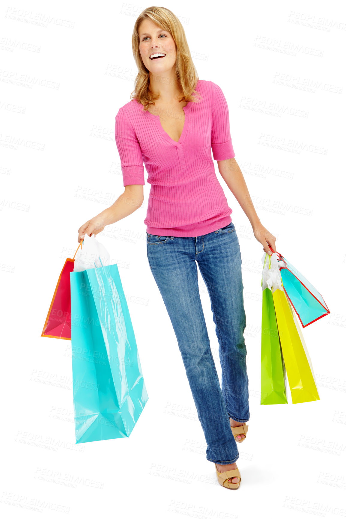 Buy stock photo Laugh, woman and shopping bags in studio for fashion, holiday sales and discount purchase. Gifts, retail and happy customer at mall for black friday deal, presents and promotion on white background