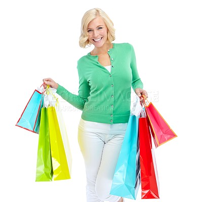 Buy stock photo Portrait, happy woman and shopping bags in studio for fashion, holiday sales or discount purchase. Gifts, retail or customer at mall for black friday deal, presents or promo on white background in UK