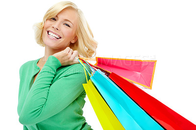 Buy stock photo Happy, shopping bag and portrait of woman in studio with fashion sale, discount deal and excited at store. Giveaway, girl and customer experience with retail product at boutique on white background