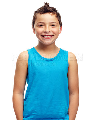 Buy stock photo Boy, kid and smile for studio portrait, white background and isolated alone. Happy young child, model and casual kids lifestyle for healthy growth, fun youth development and happiness with confidence