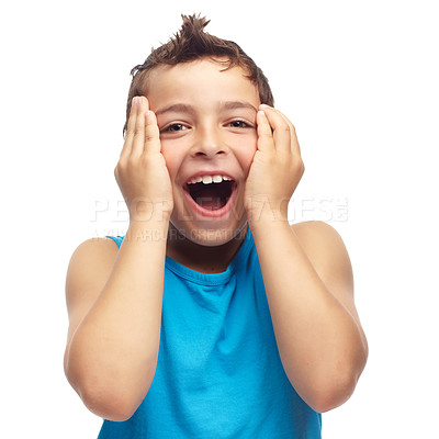 Buy stock photo Portrait of adorable little boy touching face in surprise, isolated on white background in studio with copyspace. Cute child standing alone with mouth open in shock. Wow and amazed facial expression