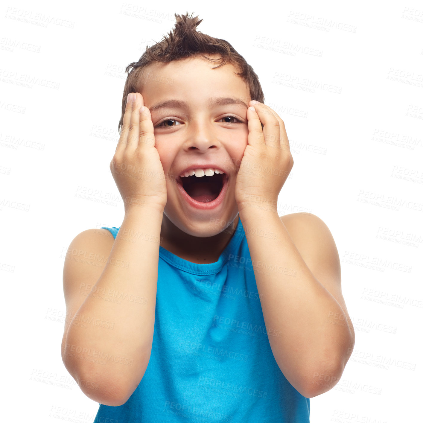 Buy stock photo Portrait of adorable little boy touching face in surprise, isolated on white background in studio with copyspace. Cute child standing alone with mouth open in shock. Wow and amazed facial expression