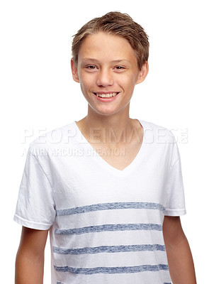 Buy stock photo Boy, kid and happy portrait in studio, white background and isolated alone. Face, smile and young child, model and casual kids lifestyle for healthy growth, youth development and confident happiness