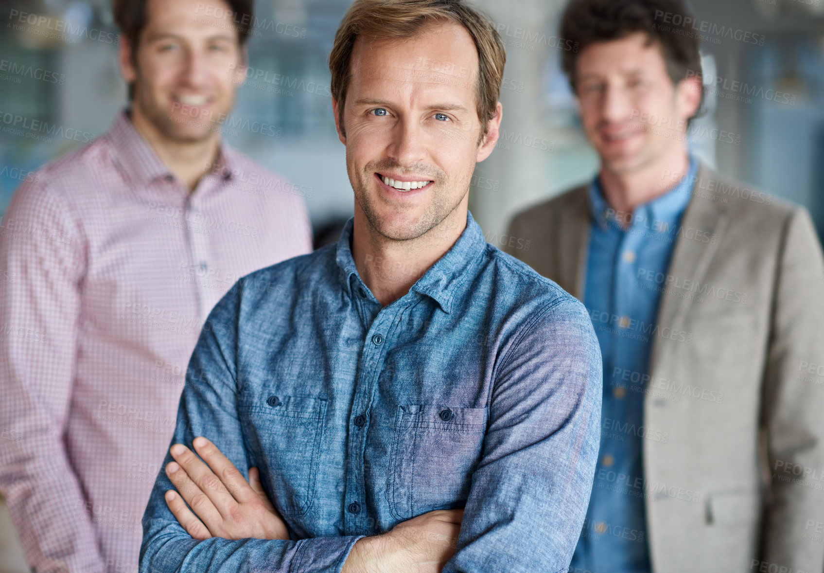 Buy stock photo Businessman, happy and portrait with crossed arms in office for company, collaboration and startup business. Team, man and pride in workplace for project management, leadership and smile in agency