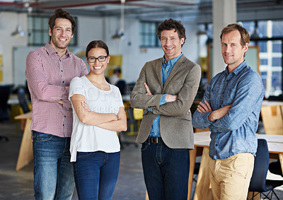 Buy stock photo Creative company, business people and pride in portrait for startup project, collaboration and team building. Professional designers, men and woman with arms crossed, motivation and smile in office