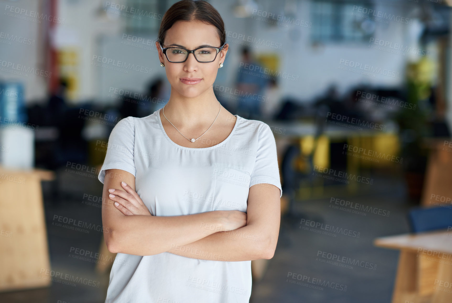 Buy stock photo Portrait, arms crossed and creative business woman in office for career, job and startup company. Face, glasses and confident professional entrepreneur, designer or serious employee working in Sweden