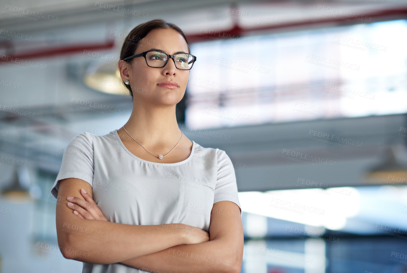 Buy stock photo Woman, business and office with confidence or glasses for career, copywriting or writer for newspaper. Female journalist, arms crossed and thinking, commitment for media or press with idea or plan
