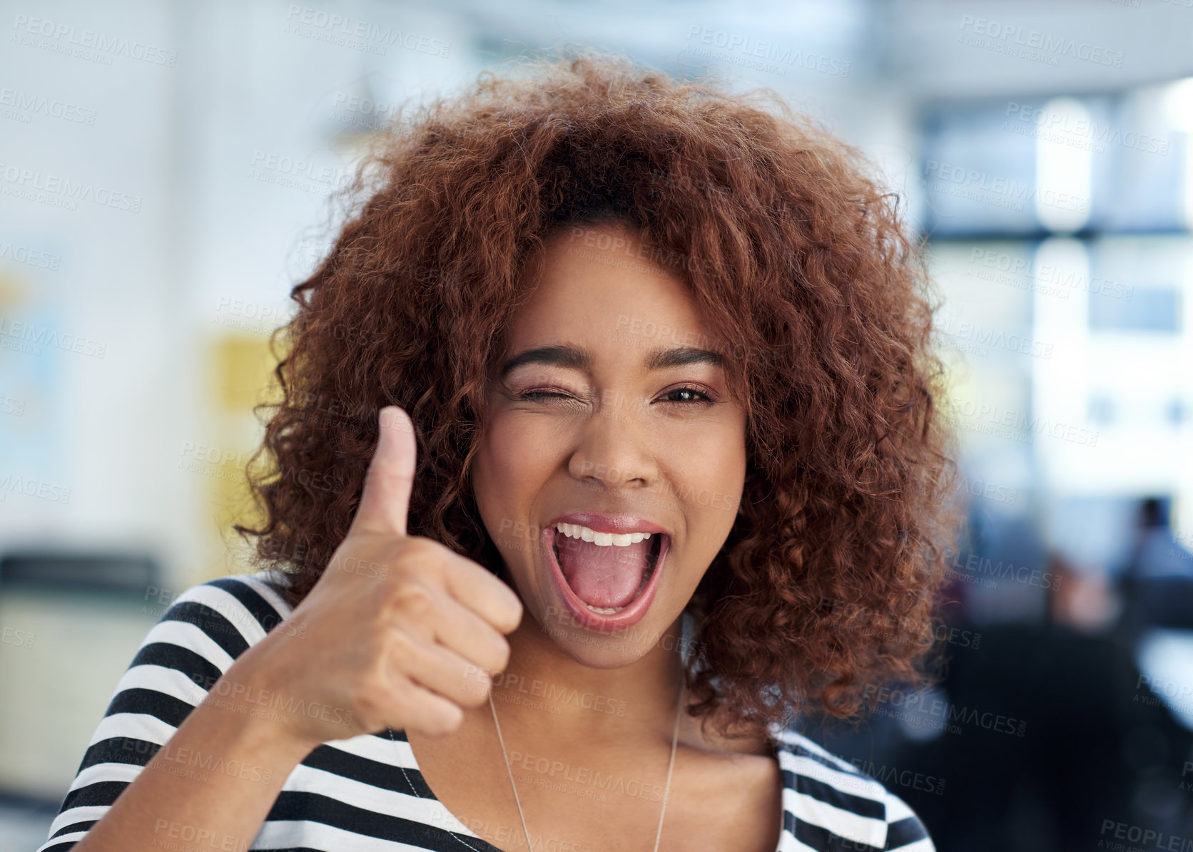 Buy stock photo Happy, businesswoman and thumbs up with wink for good job, praise or positive feedback for goal or target in office. Success person, finger gesture and smile for approval and appreciation of choice