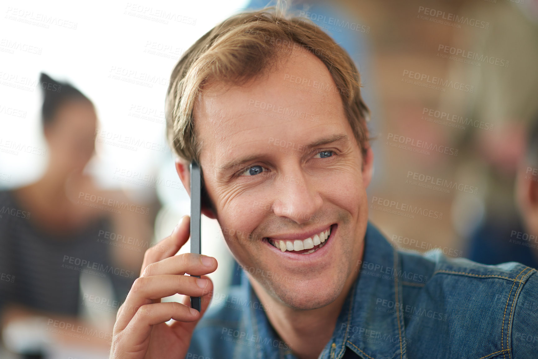 Buy stock photo Businessman, phone call and good news in office as employee in workplace, company or business for promotion. Male person, smile and happiness with confident in career, human resources or recruitment
