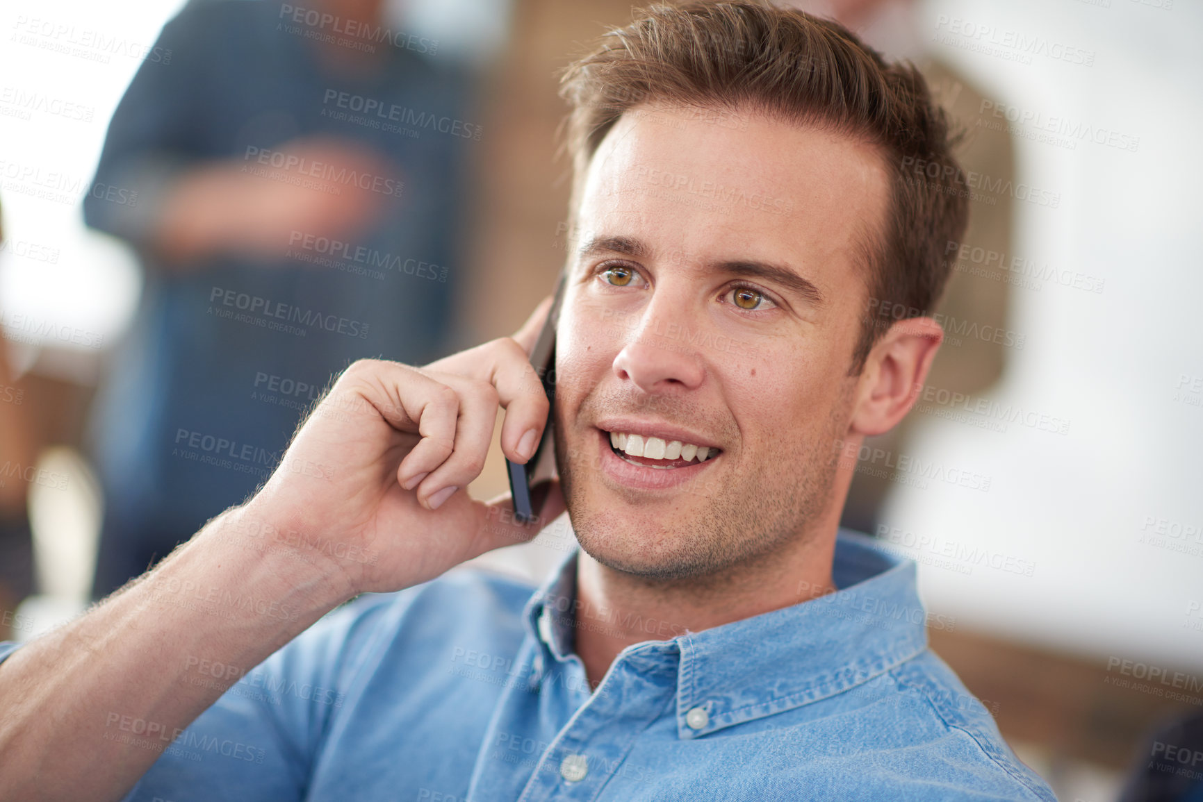 Buy stock photo Talking, phone call and man in office for consultation with discussion and virtual communication for networking. Worker guy, mobile conversation and speaking to contact in agency for deal negotiation