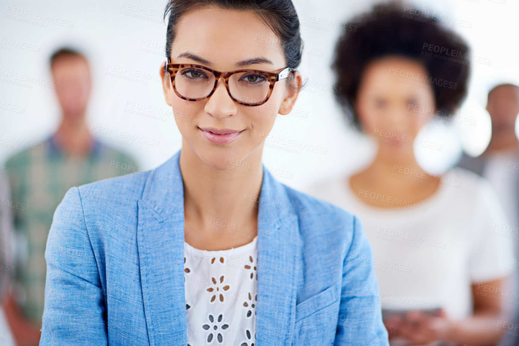 Buy stock photo Smile, portrait and business woman with team in office for collaboration, management or meeting. Pride, confident and female attorney mentor with group of lawyers with legal internship in workplace.