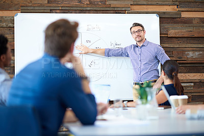 Buy stock photo Presentation whiteboard, teamwork and business man speech, discussion or collaboration on pie chart. Strategy meeting, project results and team leader, speaker or person speaking to workforce group  
