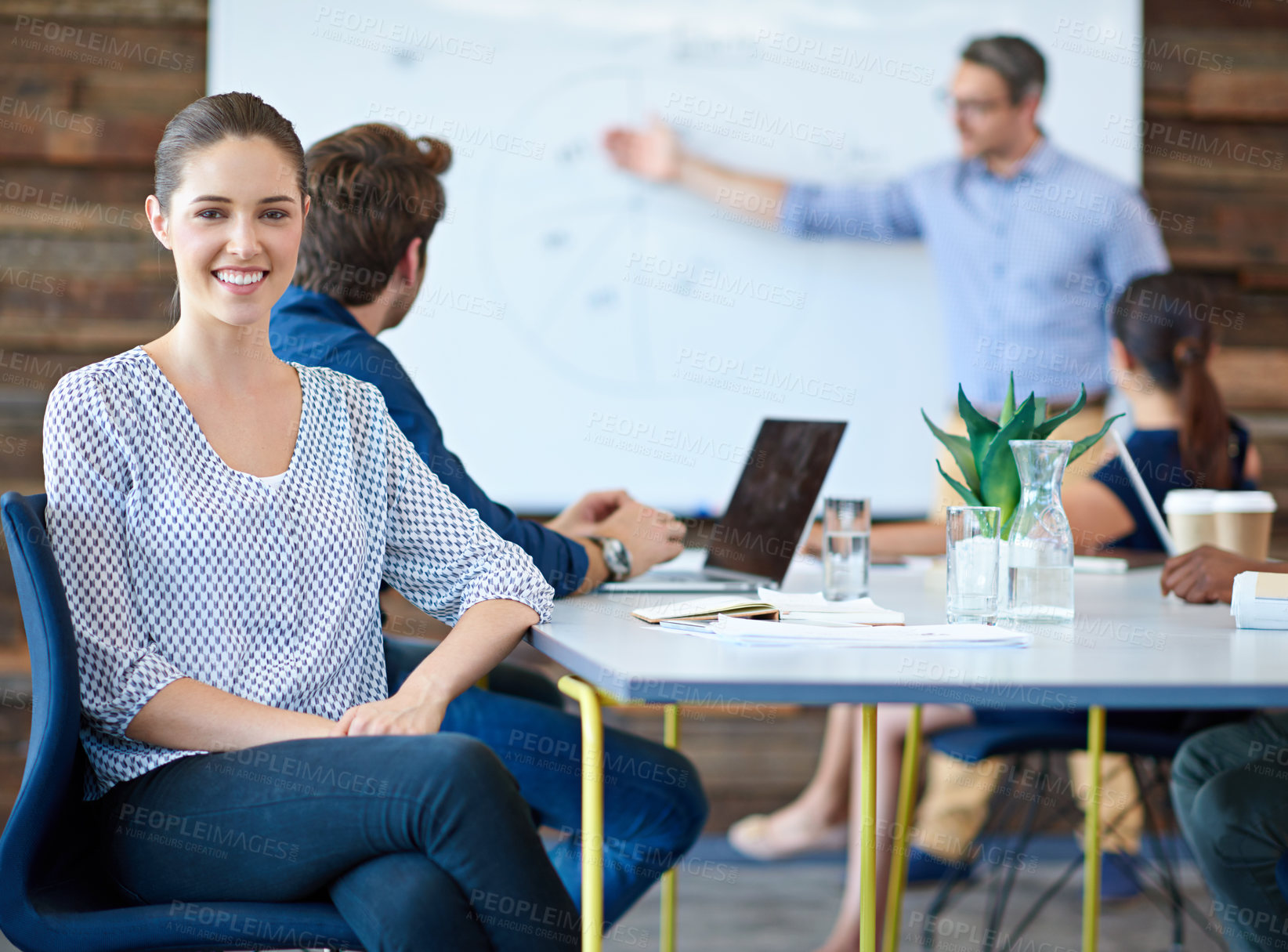 Buy stock photo Happy business meeting, portrait and office woman listening to speaker presentation, report or training workshop. Cooperation, teamwork and corporate people, group or team work on project planning