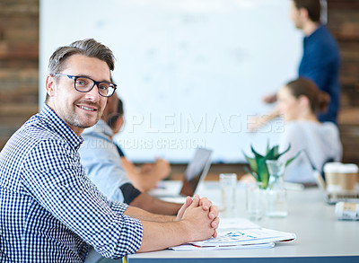 Buy stock photo Project meeting, employee portrait and happy man listen CEO presentation, sales pitch or investment ideas. Collaboration, strategy and office businessman, client or team work on group financial plan