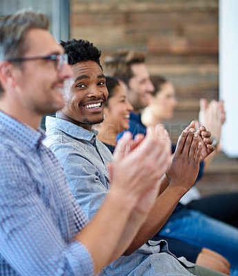 Buy stock photo Diversity, colleagues with applause and in a meeting room of their workplace for happiness. Achievement or success, support and coworkers clapping together at workshop or seminar in a boardroom
