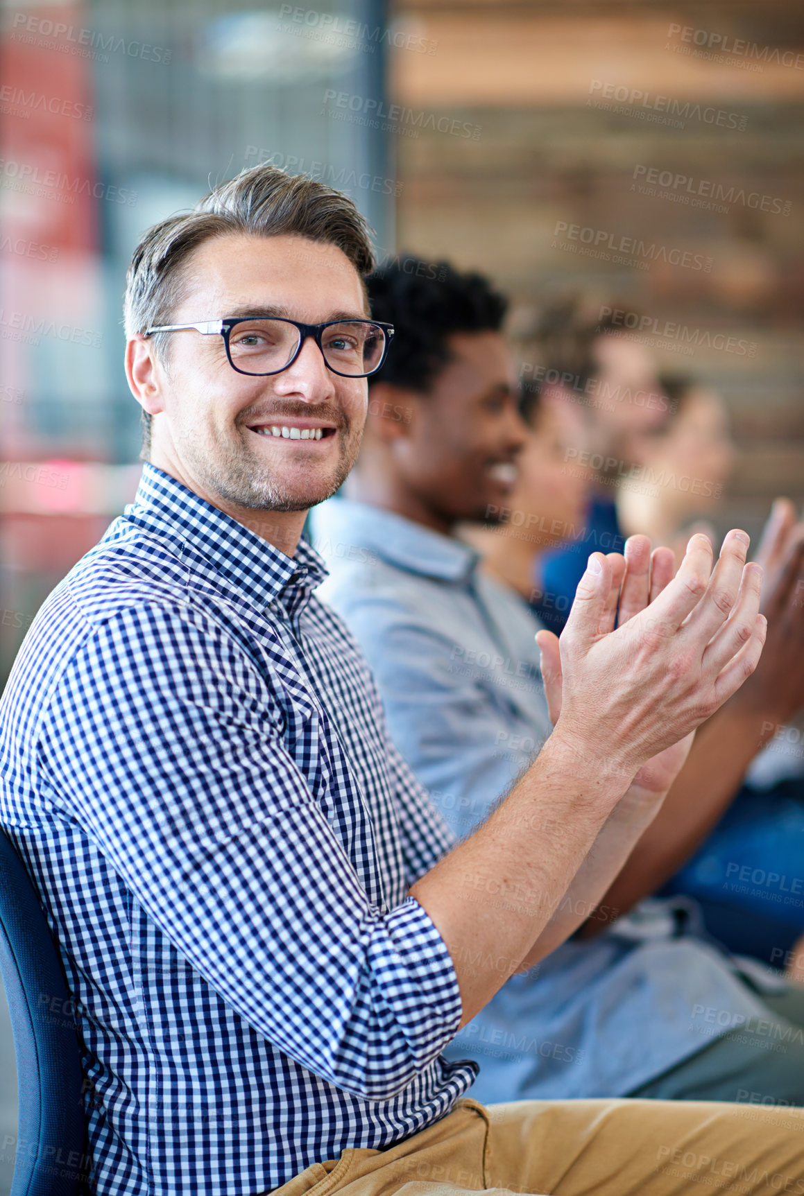 Buy stock photo Audience portrait, applause and happy man, business people or group at presentation, conference or trade show. Smile, celebration and row of corporate team, staff or businessman clapping for speaker