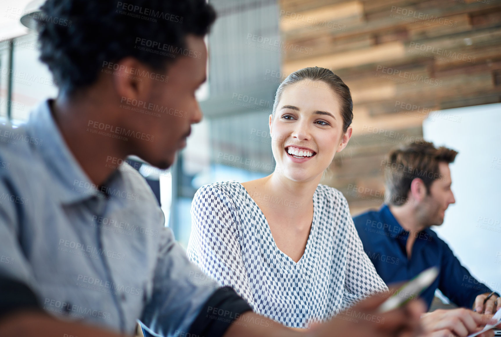 Buy stock photo Business meeting, diversity and happy woman discussion, conversation and talking to work colleague, staff or employee. Cooperation, teamwork and corporate people, group or team work on agency project