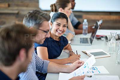 Buy stock photo Portrait, happy and a business woman in the boardroom with her team during a meeting for planning. Smile, strategy or collaboration with a female employee and colleagues in the office for a workshop