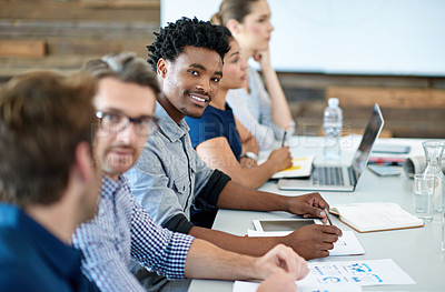 Buy stock photo Business meeting smile, portrait and black man, employee or financial analyst team doing review of company funding. Happy, teamwork or staff people, group or African person working on finance project
