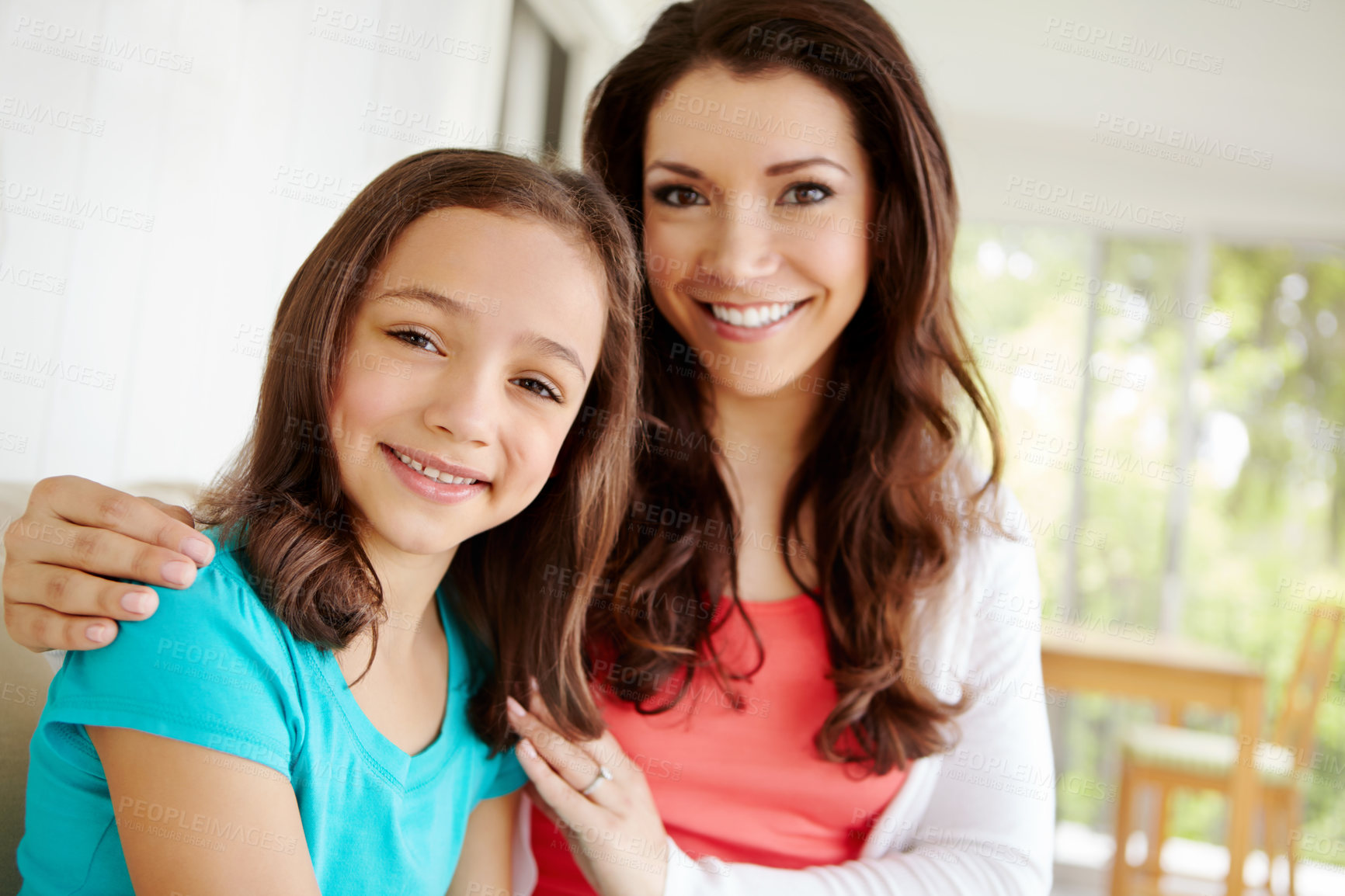 Buy stock photo Girl, mom and happy in home with portrait for mother and daughter bonding on weekend with childhood love. Parent, kid and smile together in house with embrace or affection, care and relax with joy.