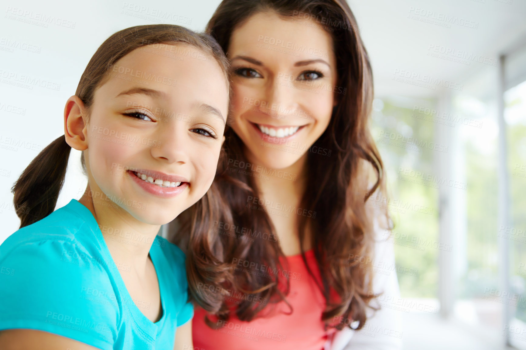 Buy stock photo Portrait, woman and kid relax on sofa at house for mother for bonding, love and security of morning gratitude. Smile, family and care on weekend break, support together and childhood development