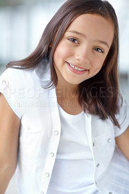 Buy stock photo Portrait of a smiling little girl in a white outfit
