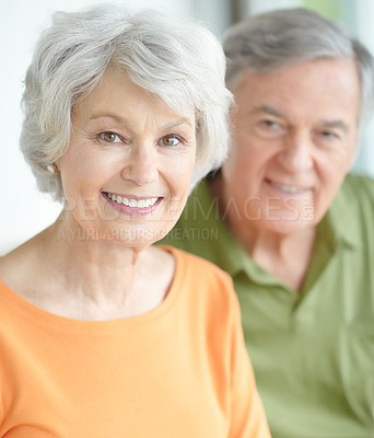 Buy stock photo Happy, portrait and elderly couple in home with romance for marriage connection on weekend together. Senior man, woman and relax with love in commitment for retirement support, joy and bonding