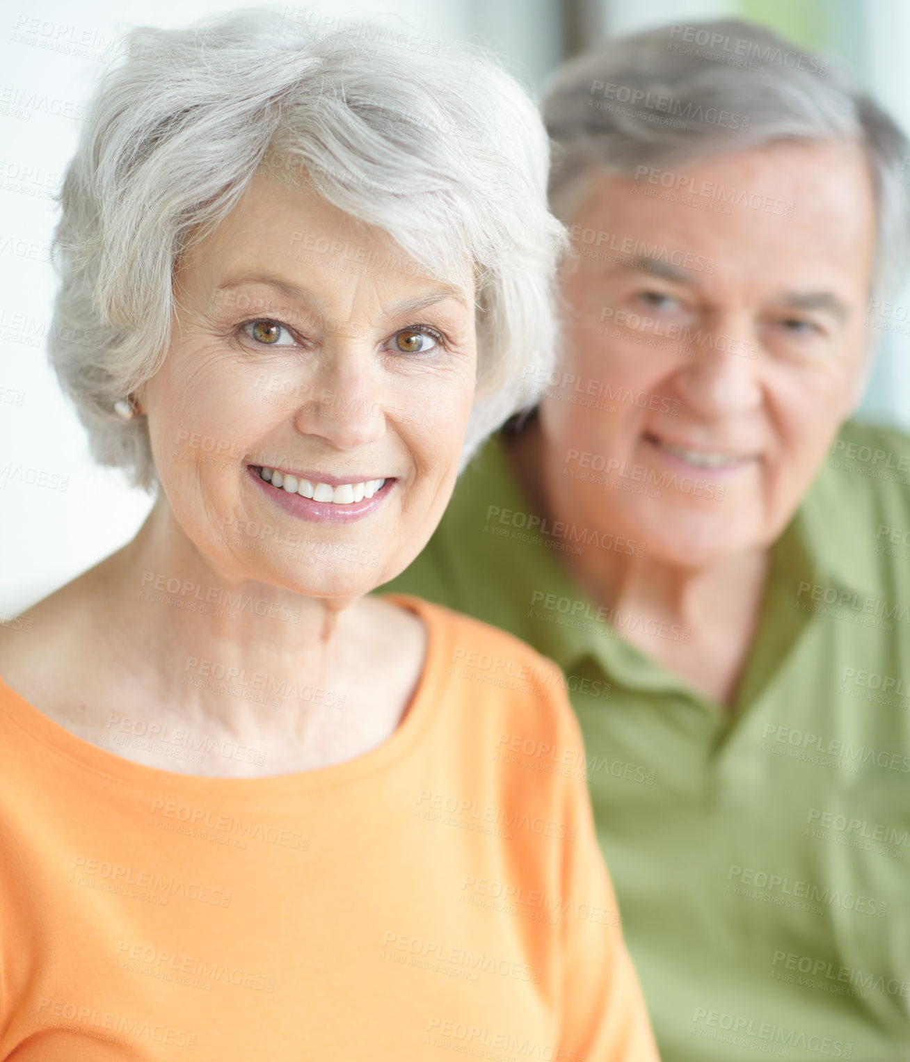 Buy stock photo Happy, portrait and elderly couple in home with romance for marriage connection on weekend together. Senior man, woman and relax with love in commitment for retirement support, joy and bonding