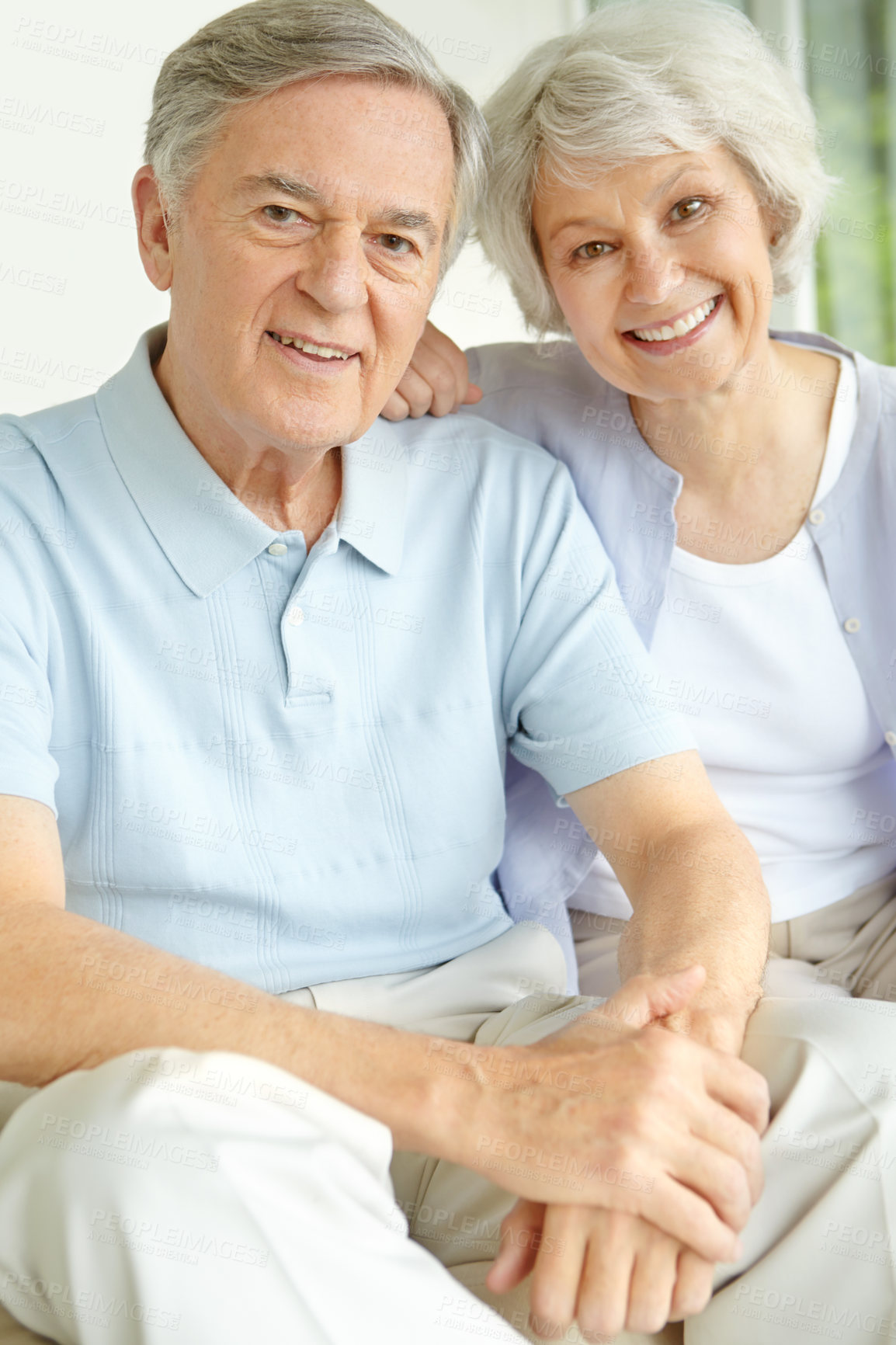 Buy stock photo Senior couple, house and portrait with smile in love for retirement, support and romantic connection. Elderly man, woman and relax with joy at home for marriage, bonding and peace on weekend together