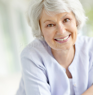 Buy stock photo Happy, elderly grandma and relax on couch in home living room with woman, smile and and retirement break. Portrait, senior person and weekend for rest, confidence and house lounge for memory on sofa