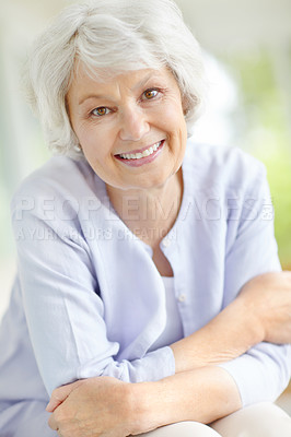 Buy stock photo Happy, elderly grandma and relax on sofa in home living room with woman, smile and and retirement break. Portrait, senior person and weekend for rest, confidence and house lounge for memory on couch