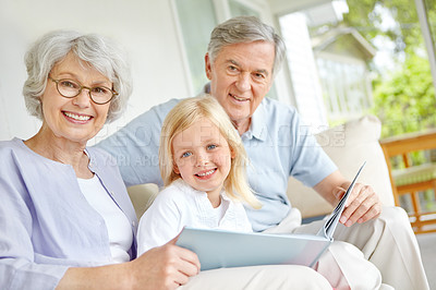 Buy stock photo Grandparents, portrait or happy girl reading book in home for learning, bonding or knowledge together. Grandma, grandfather and kid storytelling for fairytale, family or child development in England